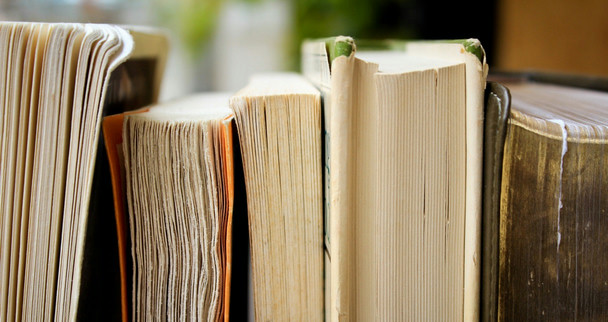 A line of five weathered books