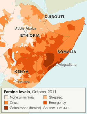 A map of the Horn of Africa showing famine levels in October 2011