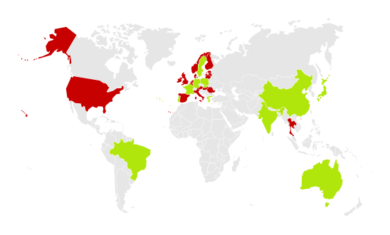 A map showing countries in and out of recession