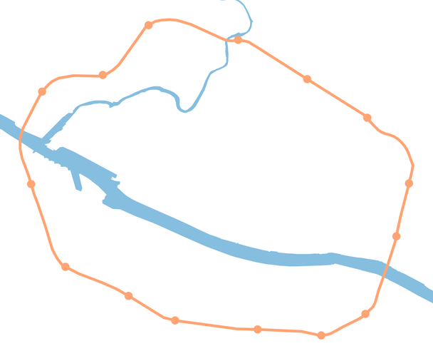 A geographical map of the Glasgow Subway and its fifteen stations