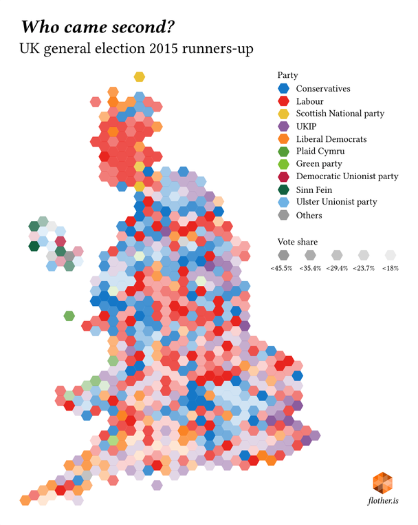 Cartogram of the United Kingdom showing second-placed candidates in the 2015 general election